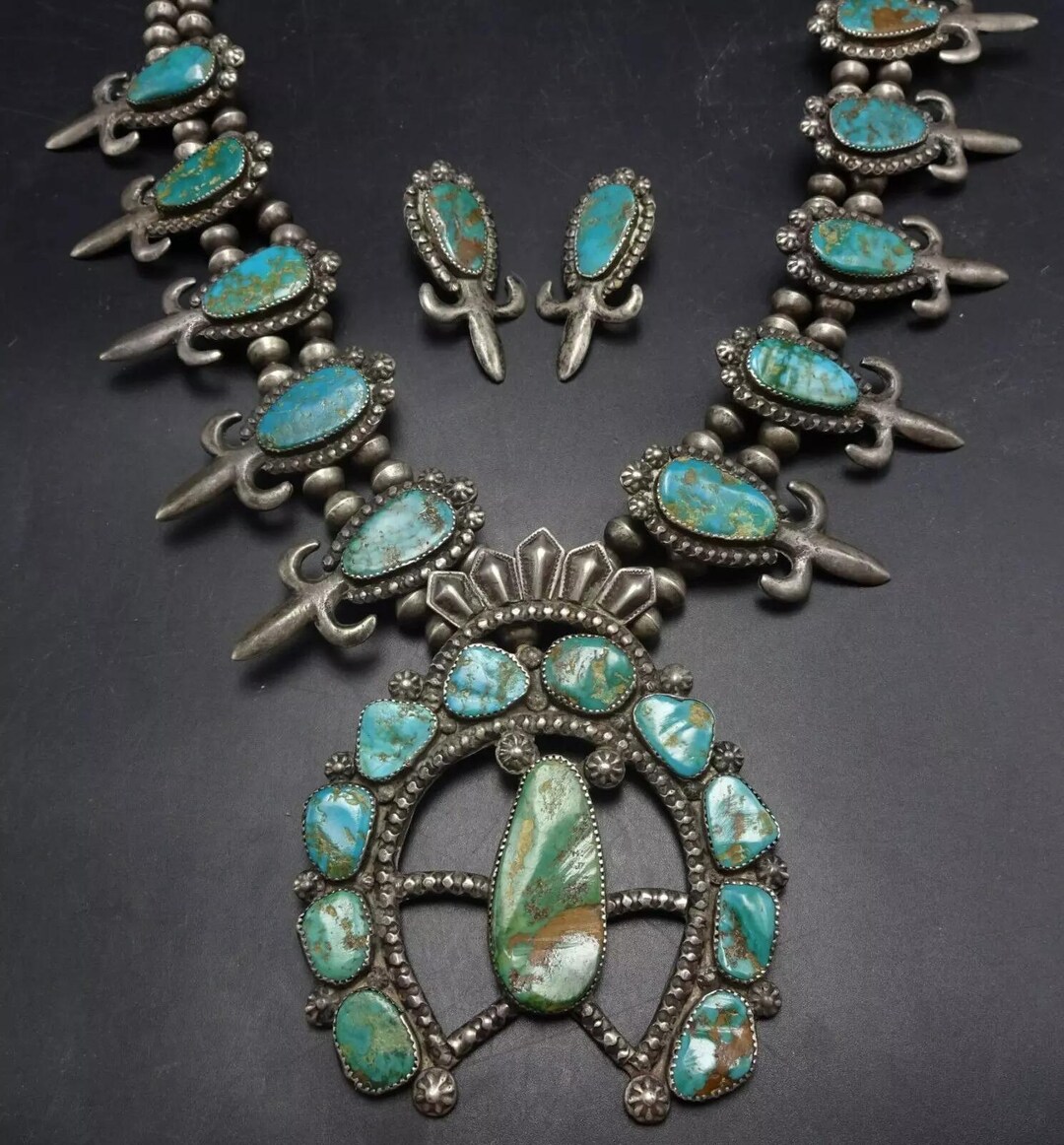 Old Pawn 1940s Sterling Silver TURQUOISE Squash Blossom NECKLACE