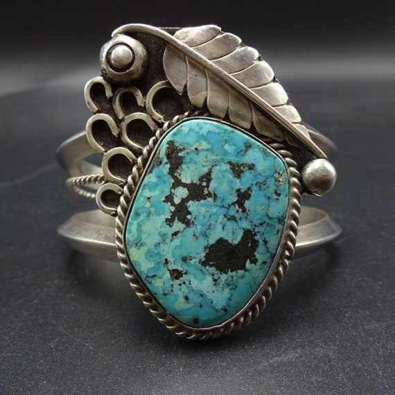 Heavy Vintage Sterling Silver and TURQUOISE Cuff … - image 1