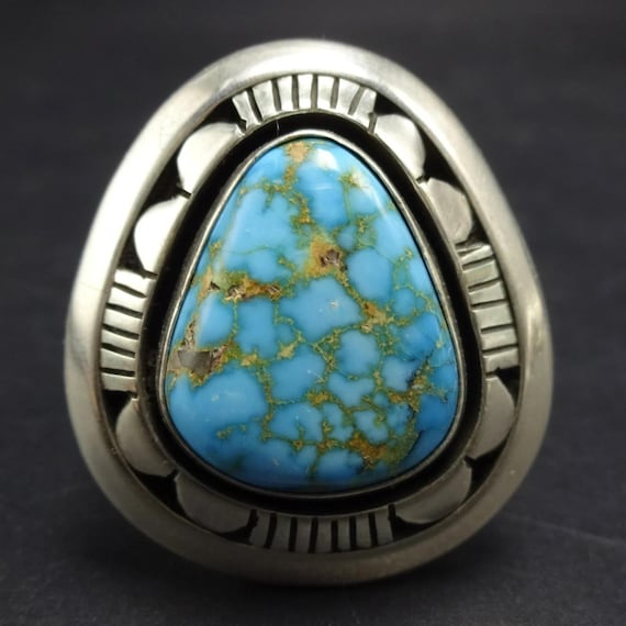 Big COOPER WILLIE Navajo Webbed Kingman TURQUOISE Sterling Silver Ring size 10
