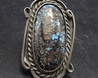 Old Pawn SPIDERWEB TURQUOISE with Black MATRIX Sterling Silver Ring size 7.5