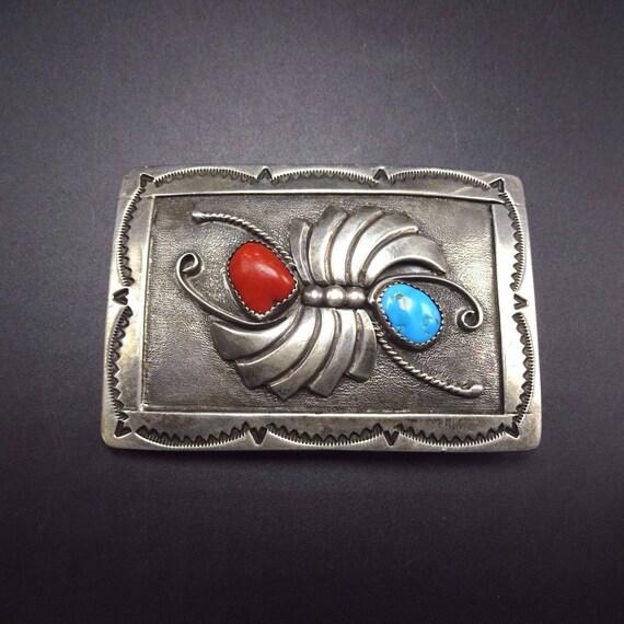 Vintage Sterling Silver Turquoise Red Mediterranean Coral Stones Belt Buckle small Vintage sterling silver, turquoise/Mediterranean red  main image 4