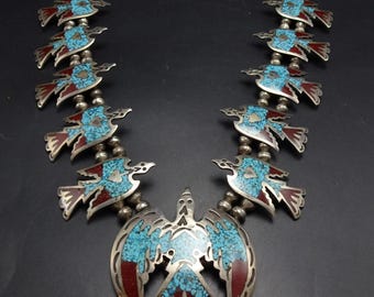 Sterling Silver Peyote Bird Squash Blossom With Chip Inlay