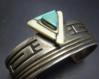 Vintage Hopi DARREN SEWEYESTEWA Sterling Silver Inlay Cuff 