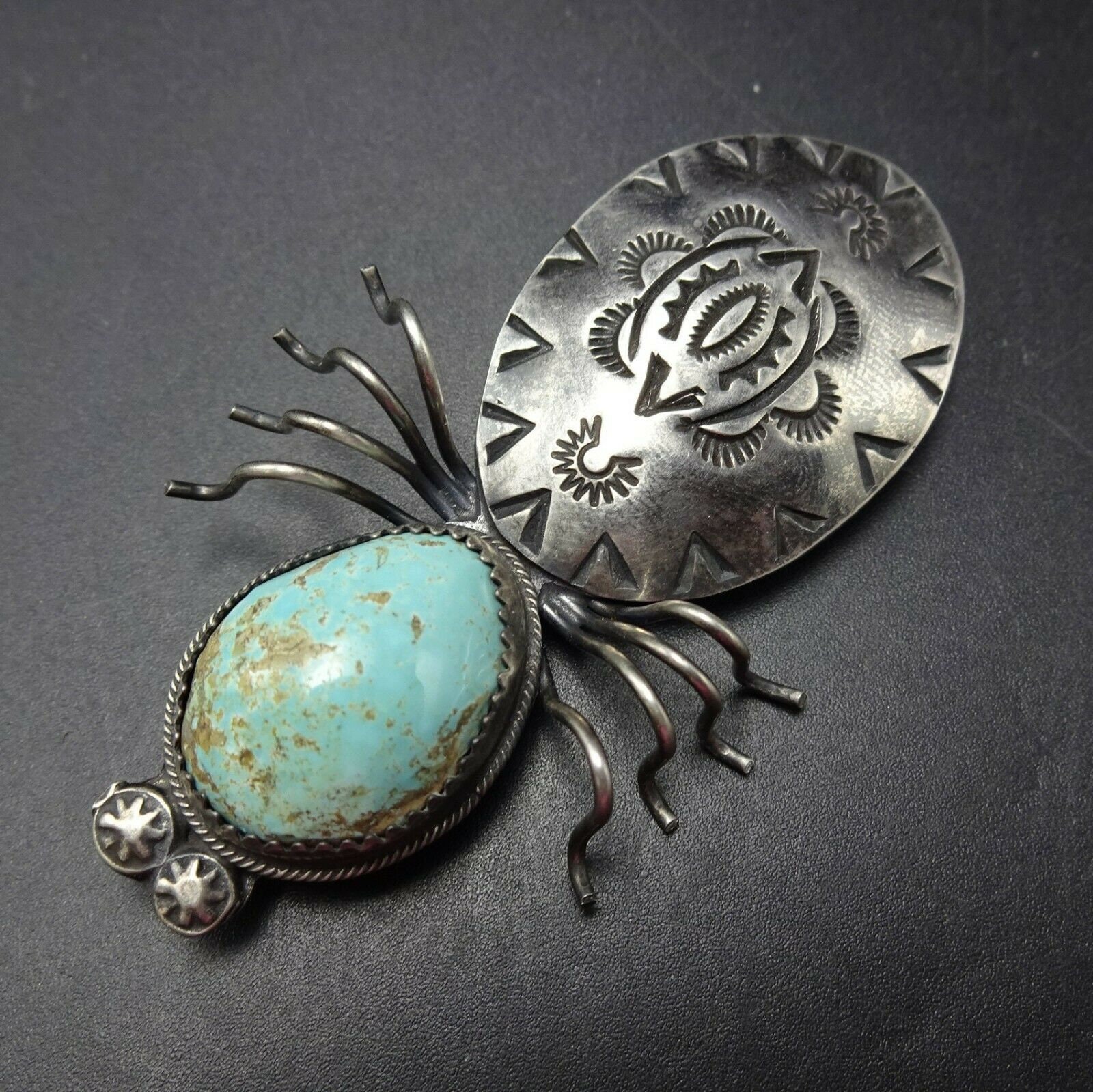 Rare Vintage Native American Navajo Old Kingman Turquoise Sterling Silver Spider Pin Rare Vintage Native American Navajo Old Kingman Turquoise Sterling Silver Spider Pin