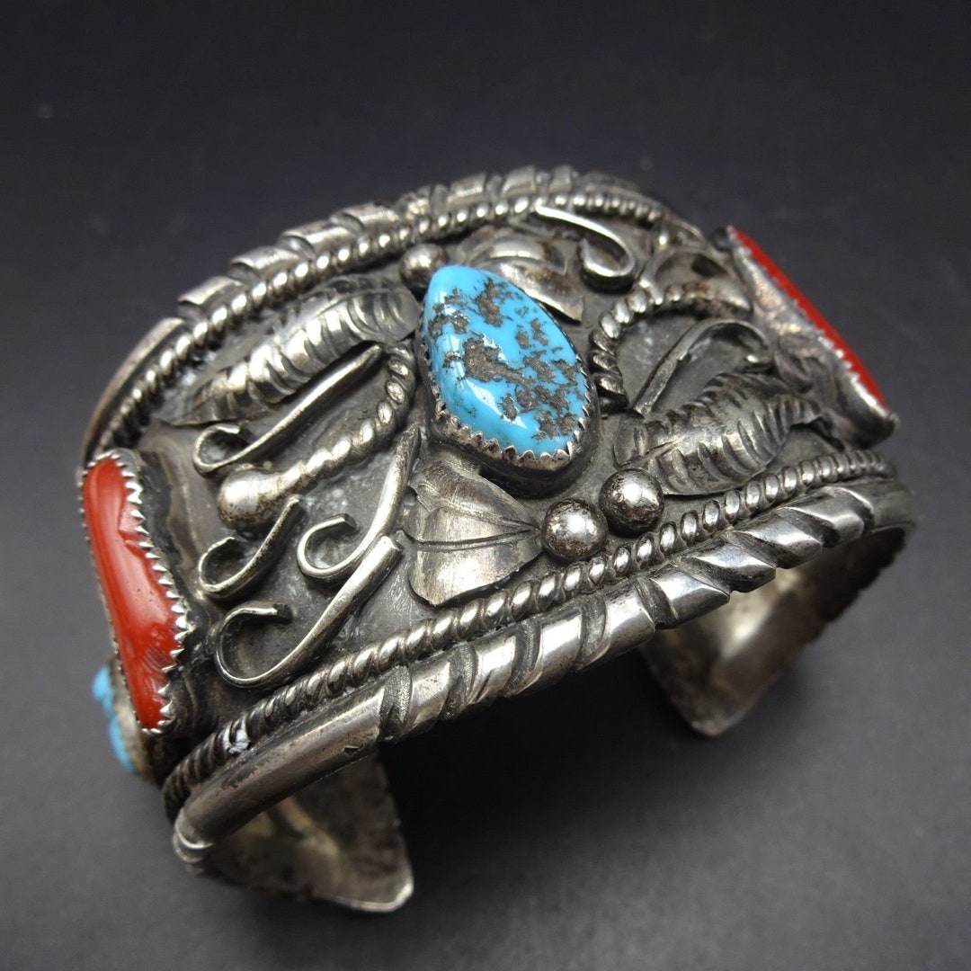 HEAVY Vintage Navajo Sterling Silver CORAL & TURQUOISE Cuff Bracelet ...