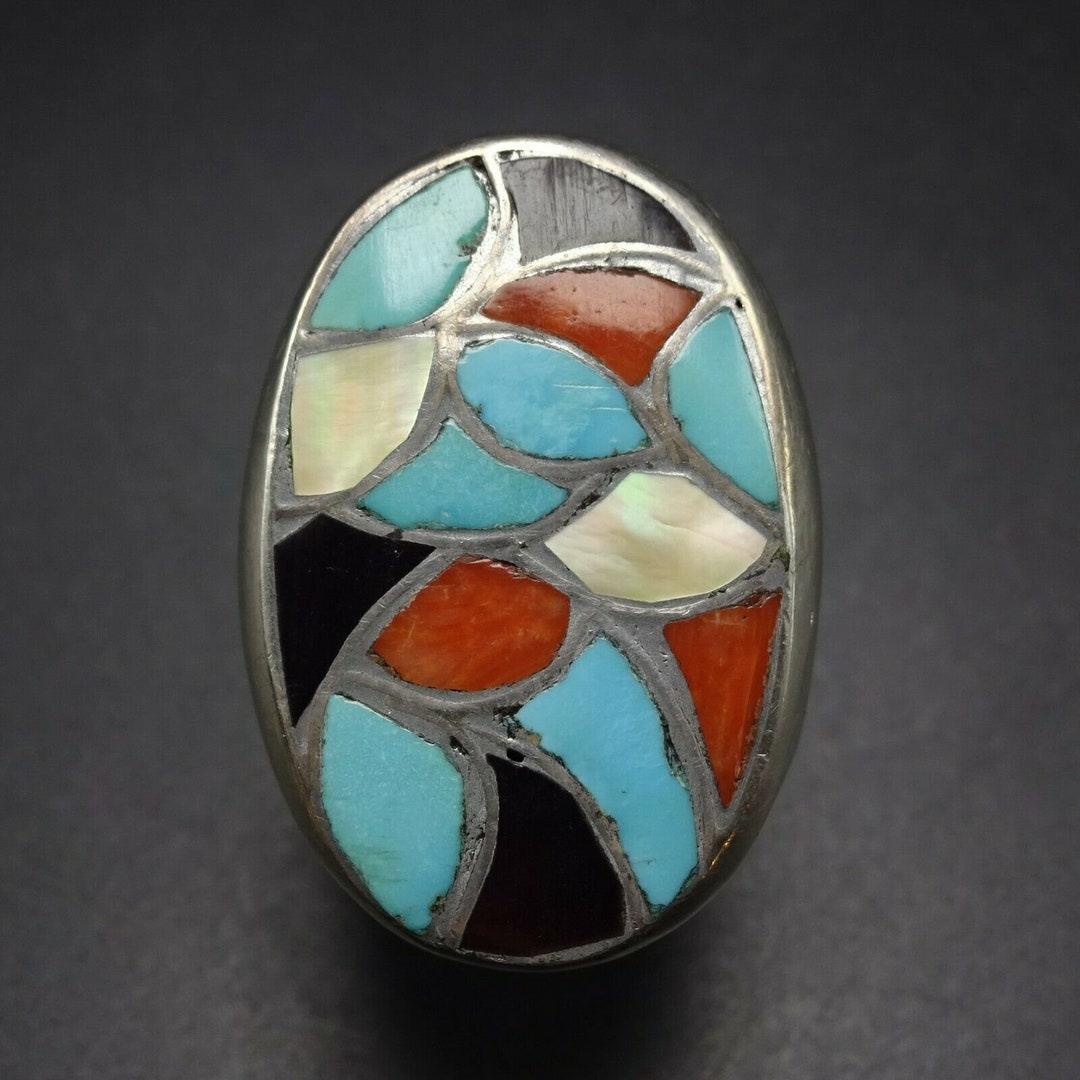 MASSIVE Vintage Sterling Silver TURQUOISE Mother of Pearl CORAL Fish ...