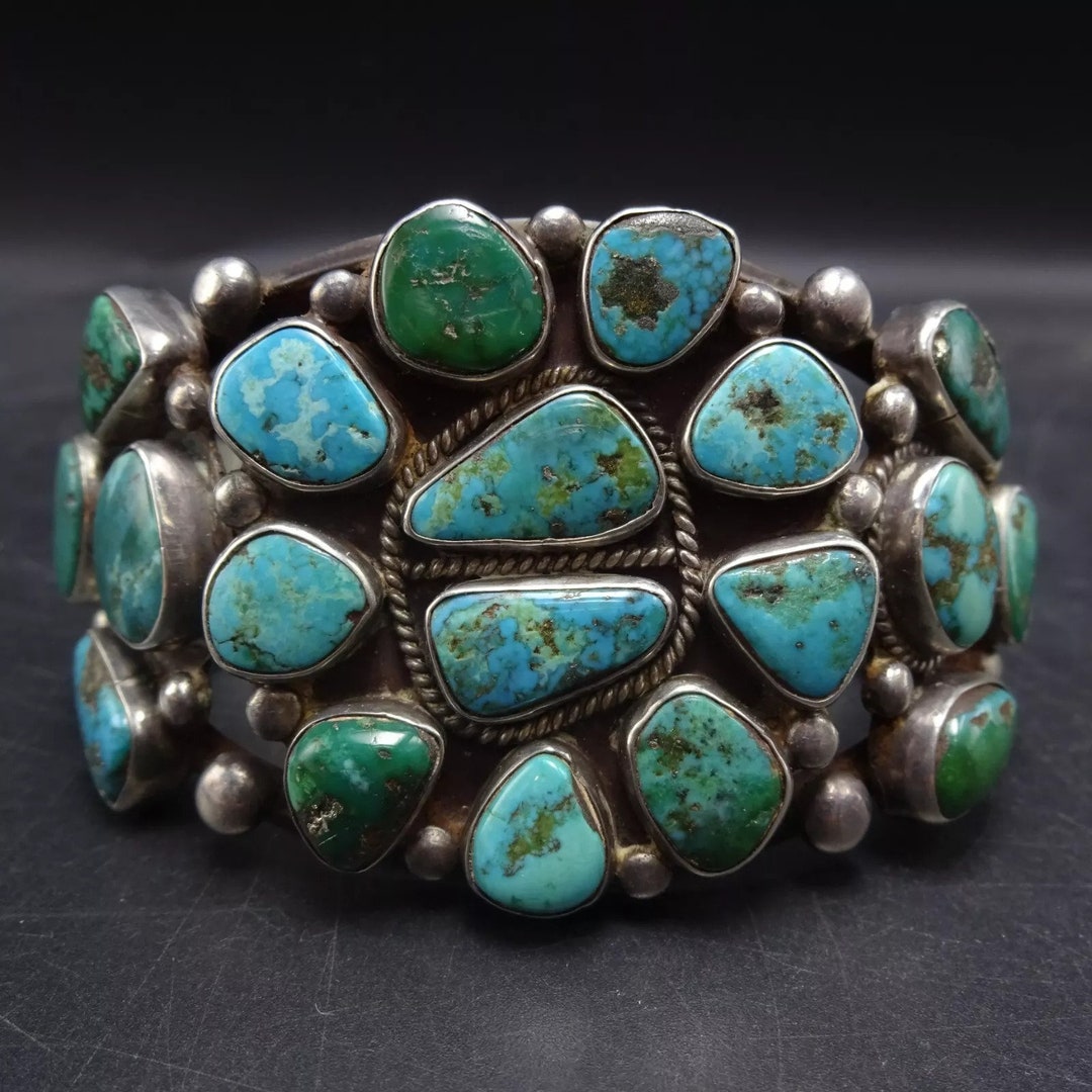 SPECTACULAR Old Pawn TURQUOISE CLUSTER Sterling Silver Cuff Bracelet ...