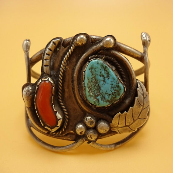 Vintage 1950s Sterling Silver CORAL & TURQUOISE C… - image 9