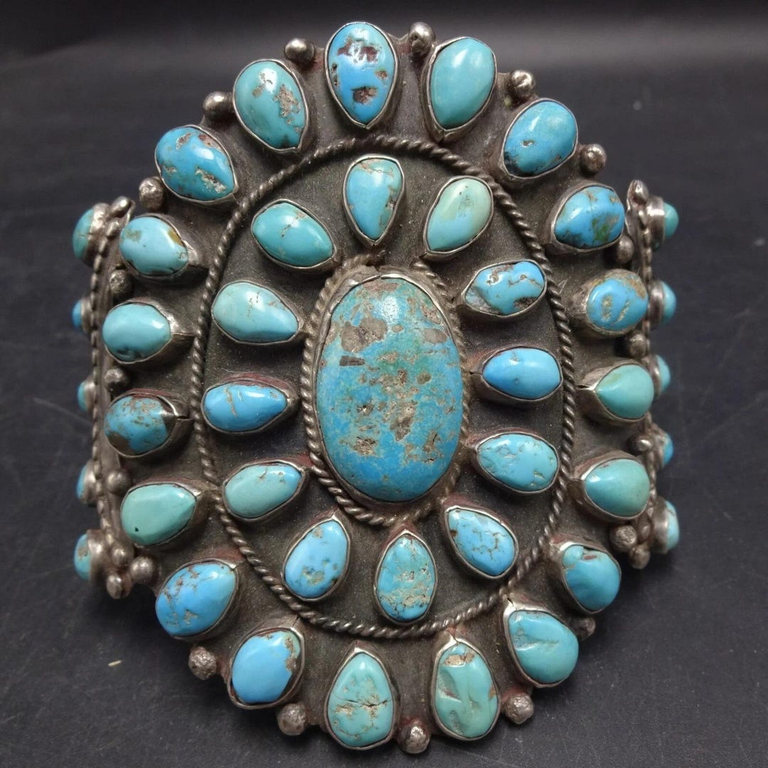 OLD Circa 1930s NAVAJO Sterling Silver TURQUOISE Cluster Cuff Bracelet ...