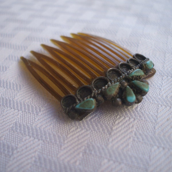 Very Old 1930s ZUNI Hair Comb, Sterling Silver & TURQUOISE Cluster Petit Point