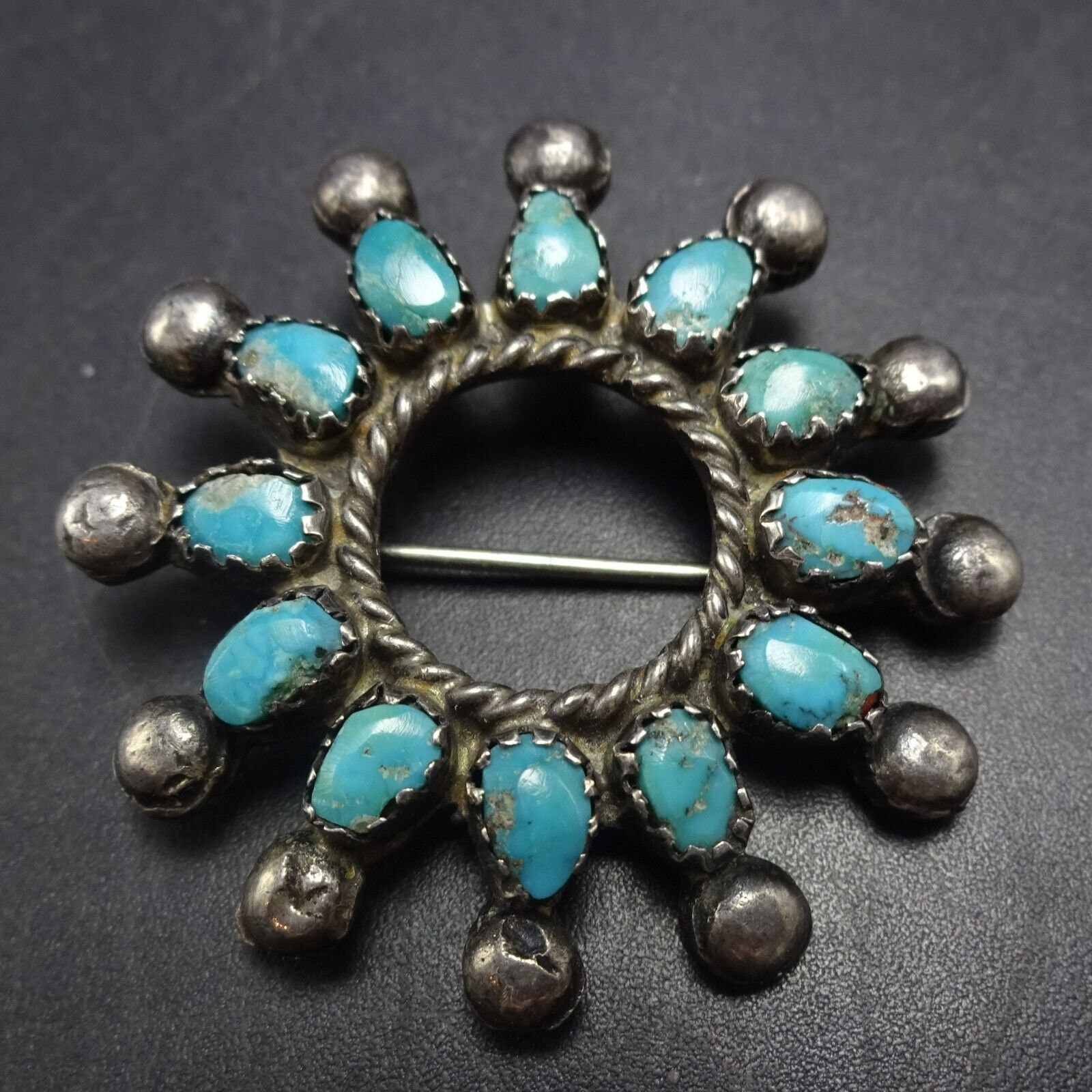 Vintage OLD PAWN Sterling Silver TURQUOISE Cluster Pin/brooch