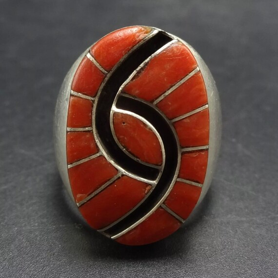 Striking Huge Navajo Coral Sterling Silver Geometric Native American Ring Striking Huge Navajo Coral Sterling Silver Geometric Native American Ring