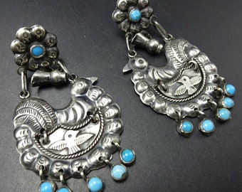FEDERICO JIMENEZ Sterling Silver TURQUOISE Dangle Earrings Oaxacan Collection