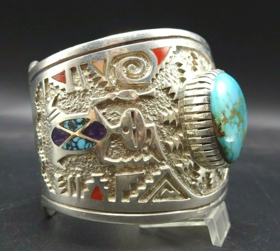 Ancient Petroglyph Native American Navajo Turquoise Sterling Silver Heavy Bracelet Ancient Petroglyph Native American Navajo Turquoise Sterling Silver Heavy Bracelet