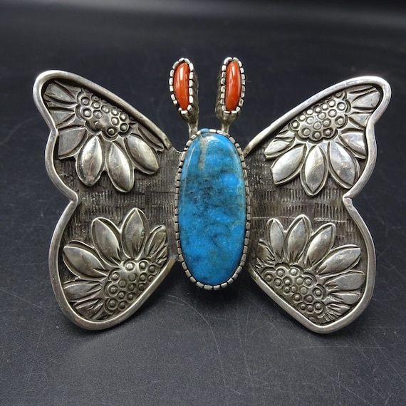 Awesome Native American Navajo Corals Sterling Silver Immense Butterfly Ring Awesome Native American Navajo Corals Sterling Silver Immense Butterfly Ring