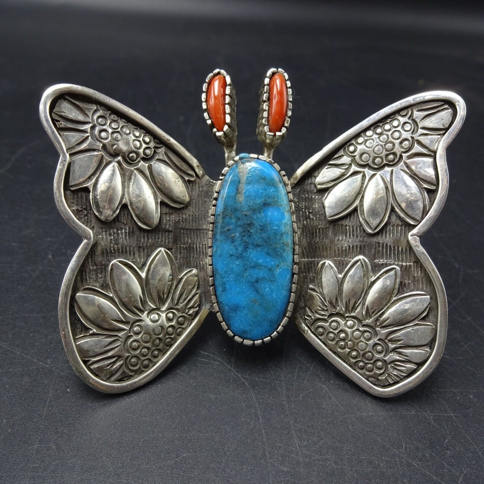 JACOB Lee Navajo KINGMAN TURQUOISE and Red Coral Butterfly Ring