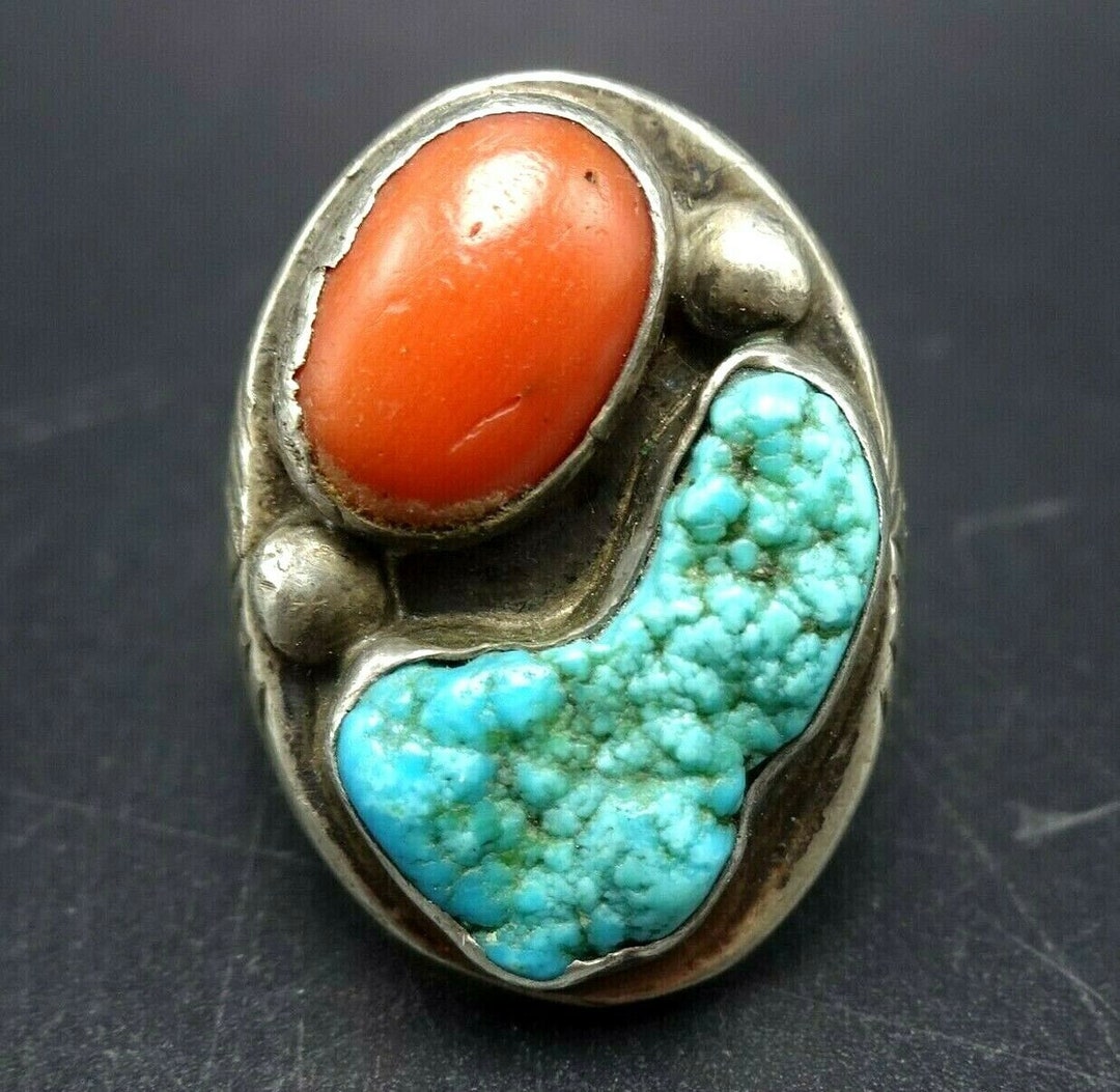 HUGE HEAVY 31g Vintage Navajo Sterling Silver Coral TURQUOISE Ring Size ...