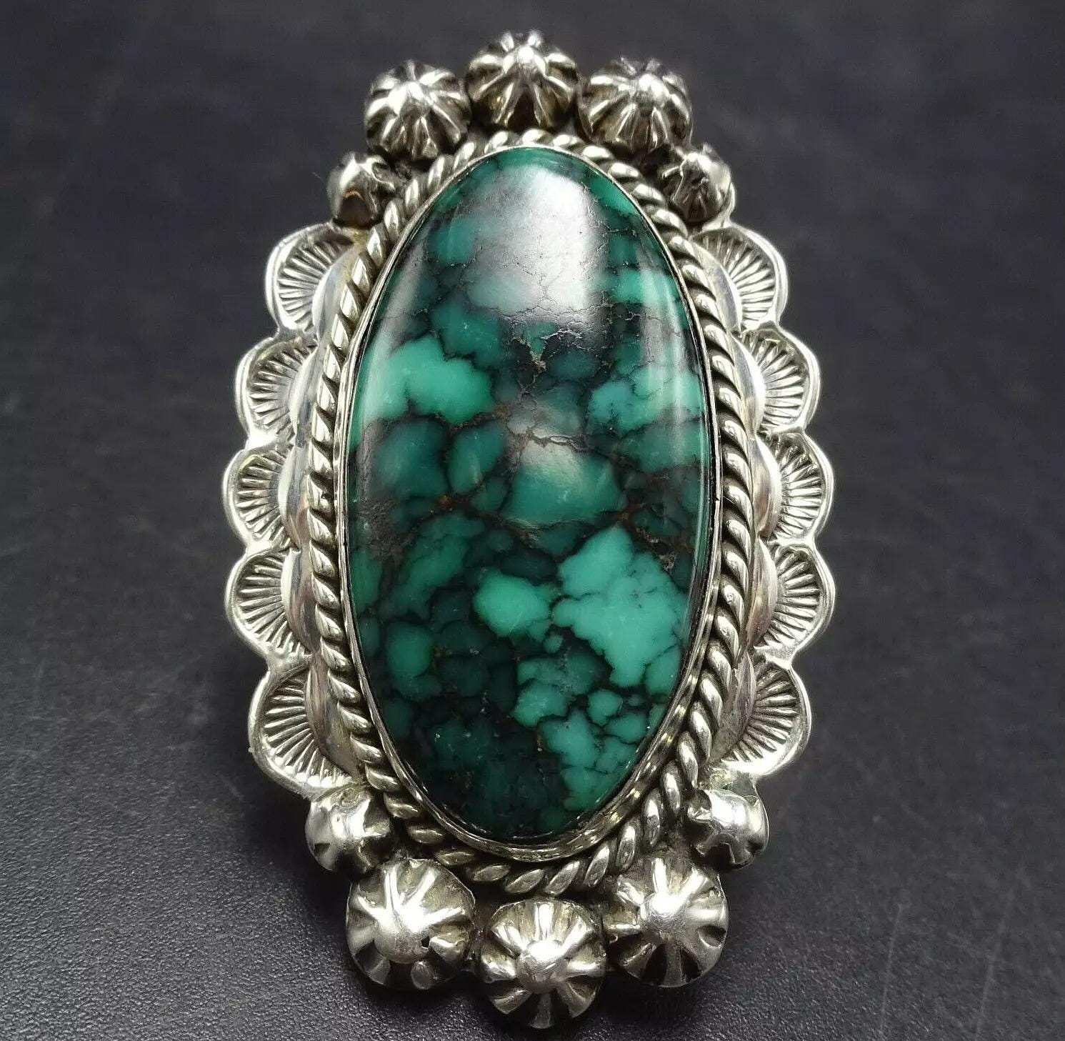 Radiant Vintage Native American Navajo 2 Carico Lake Turquoise Sterling Silver Immense Ring Radiant Vintage Native American Navajo 2 Carico Lake Turquoise Sterling Silver Immense Ring