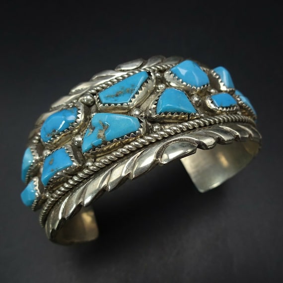 Phenomenal Vintage Native American Zuni Inlay Cluster Turquoise Sterling Silver Huge Bracelet Phenomenal Vintage Native American Zuni Inlay Cluster Turquoise Sterling Silver Huge Bracelet