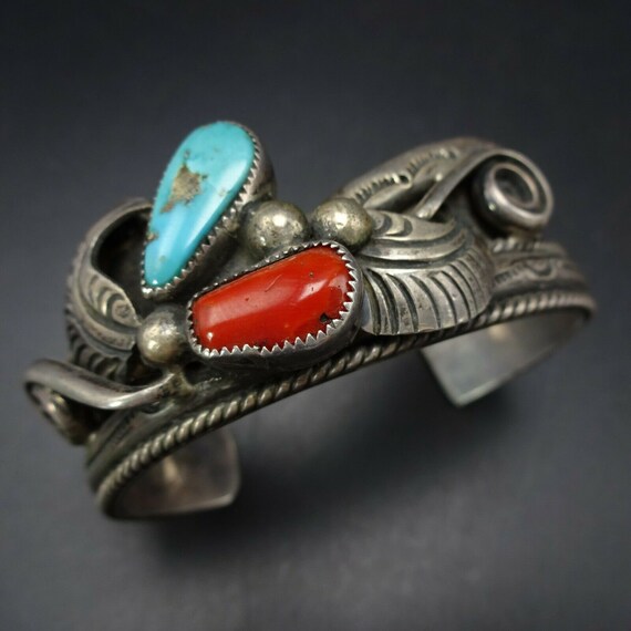 Swirl Love Vintage Native American Navajo Turquoise Coral Sterling Silver Bracelet Swirl Love Vintage Native American Navajo Turquoise Coral Sterling Silver Bracelet