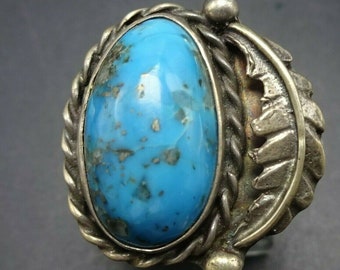 Vintage  Sterling Silver Blue MORENCI TURQUOISE Ring size 7 Applied Leaf