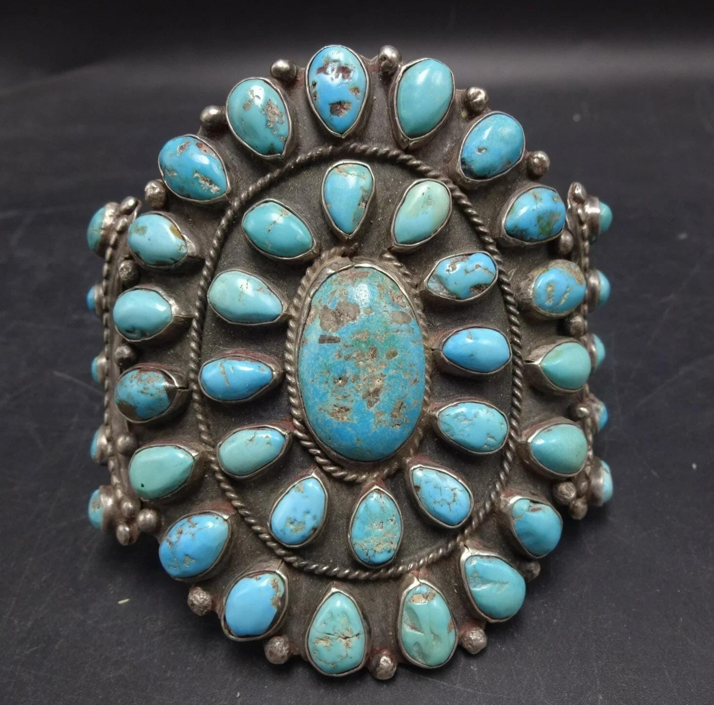 OLD Circa 1930s NAVAJO Sterling Silver TURQUOISE Cluster Cuff Bracelet ...