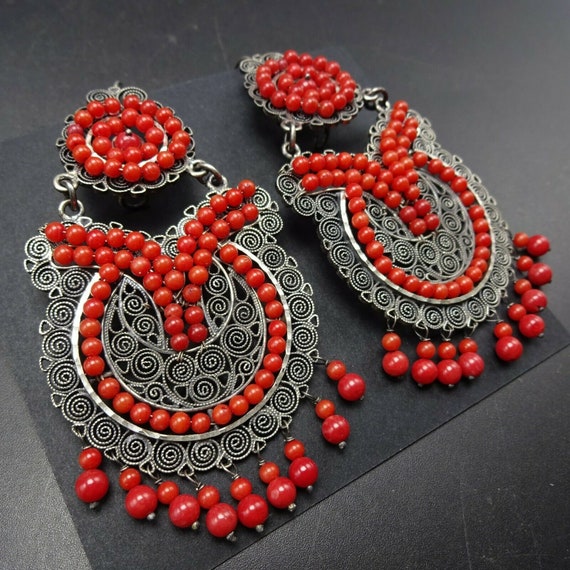 Big Spanish Style FEDERICO JIMENEZ Sterling Silver Filigree CORAL Beads Earrings