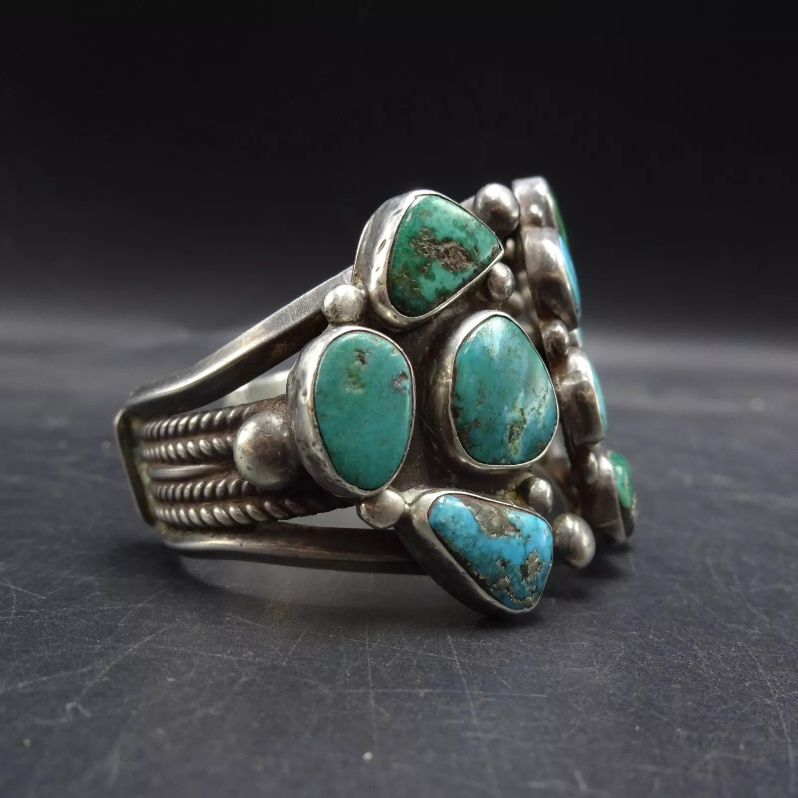 SPECTACULAR Old Pawn TURQUOISE CLUSTER Sterling Silver Cuff Bracelet ...