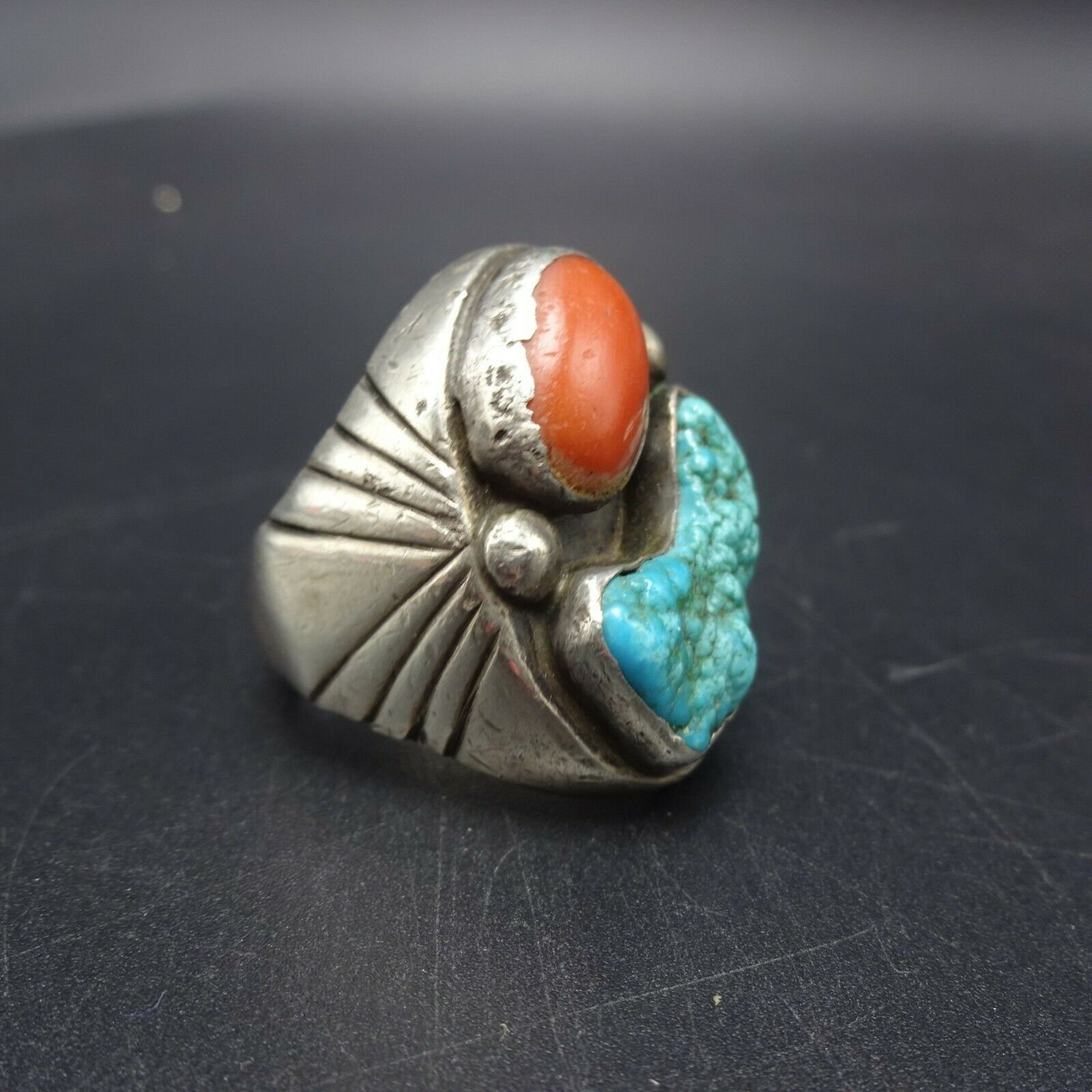 HUGE HEAVY 31g Vintage Navajo Sterling Silver Coral TURQUOISE Ring Size ...