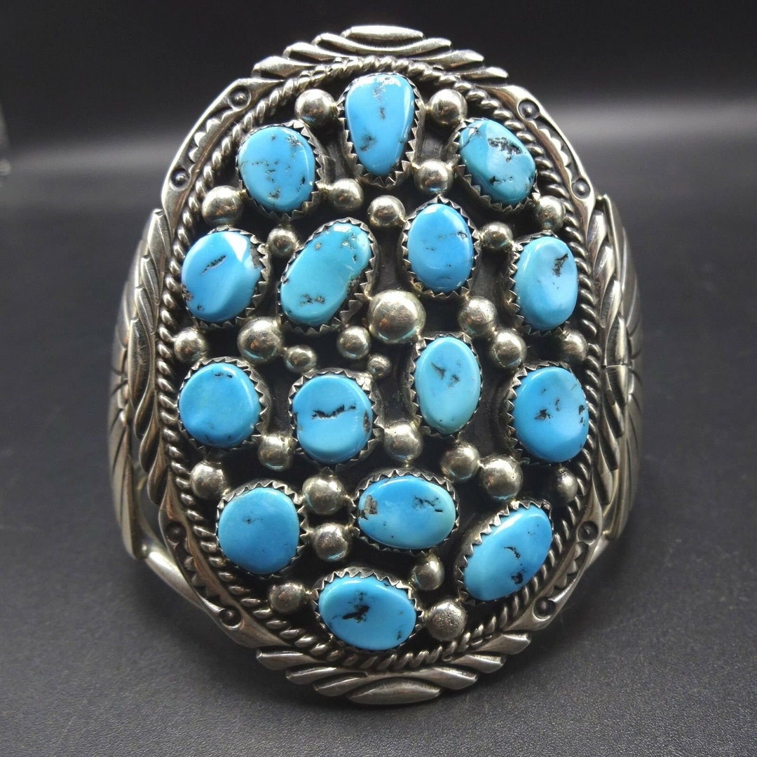 STATEMENT Vintage Navajo Sterling Silver KINGMAN TURQUOISE Cluster Cuff ...