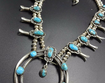 Classic Vintage Sterling Silver and Turquoise SQUASH BLOSSOM Necklace