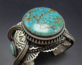 Leander Tahe NAVAJO Heavy Hand Stamped Sterling Silver TURQUOISE Cuff BRACELET