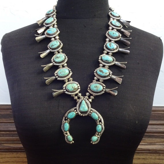Old TURQUOISE SQUASH BLOSSOM Necklace Handmade St… - image 2