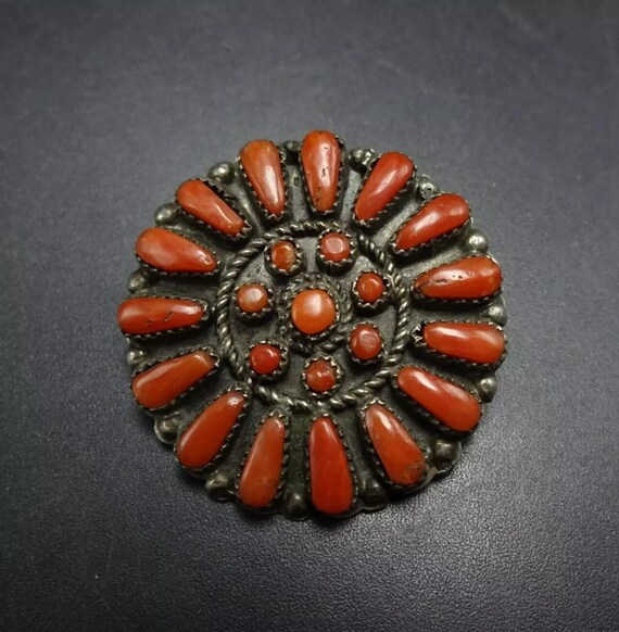 Sunbursting Coral Vintage Zuni Native American Sterling Silver Pin Sunbursting Coral Vintage Zuni Native American Sterling Silver Pin