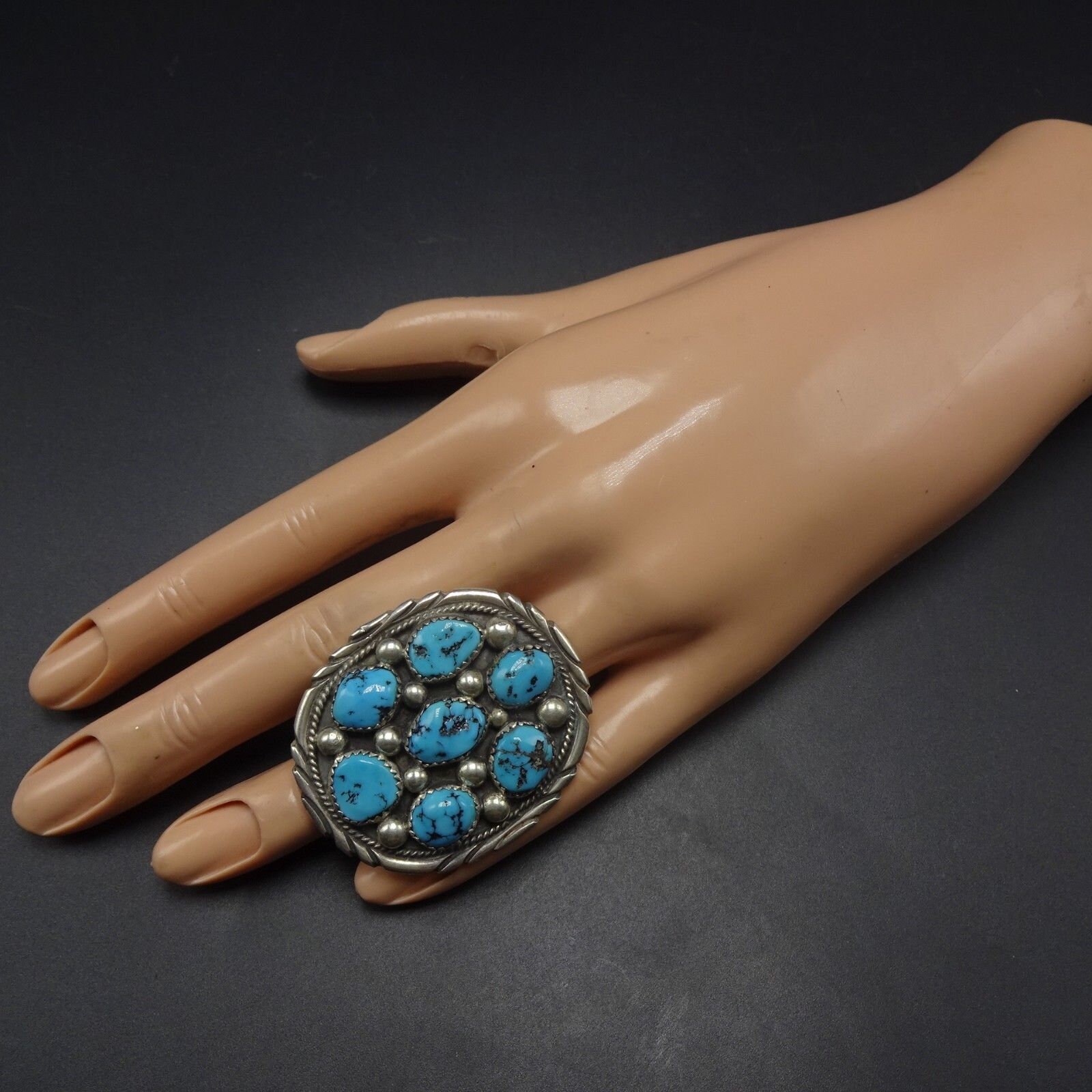Huge Vintage Sterling Silver and Kingman TURQUOISE Cluster RING, Size 7 ...