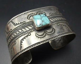 Old-Style Hand-Stamped Sterling Silver TURQUOISE Wide Cuff BRACELET