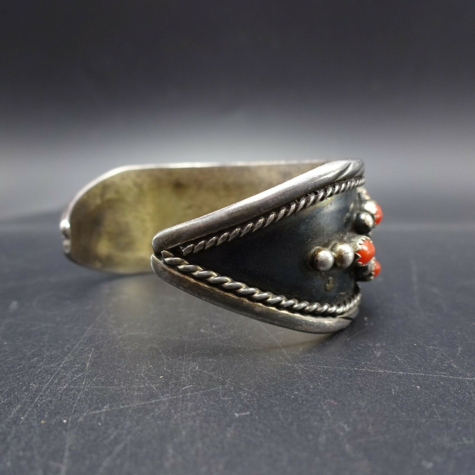 Vintage NAVAJO Sterling Silver Red CORAL Cuff BRACELET Dark Oxidized ...
