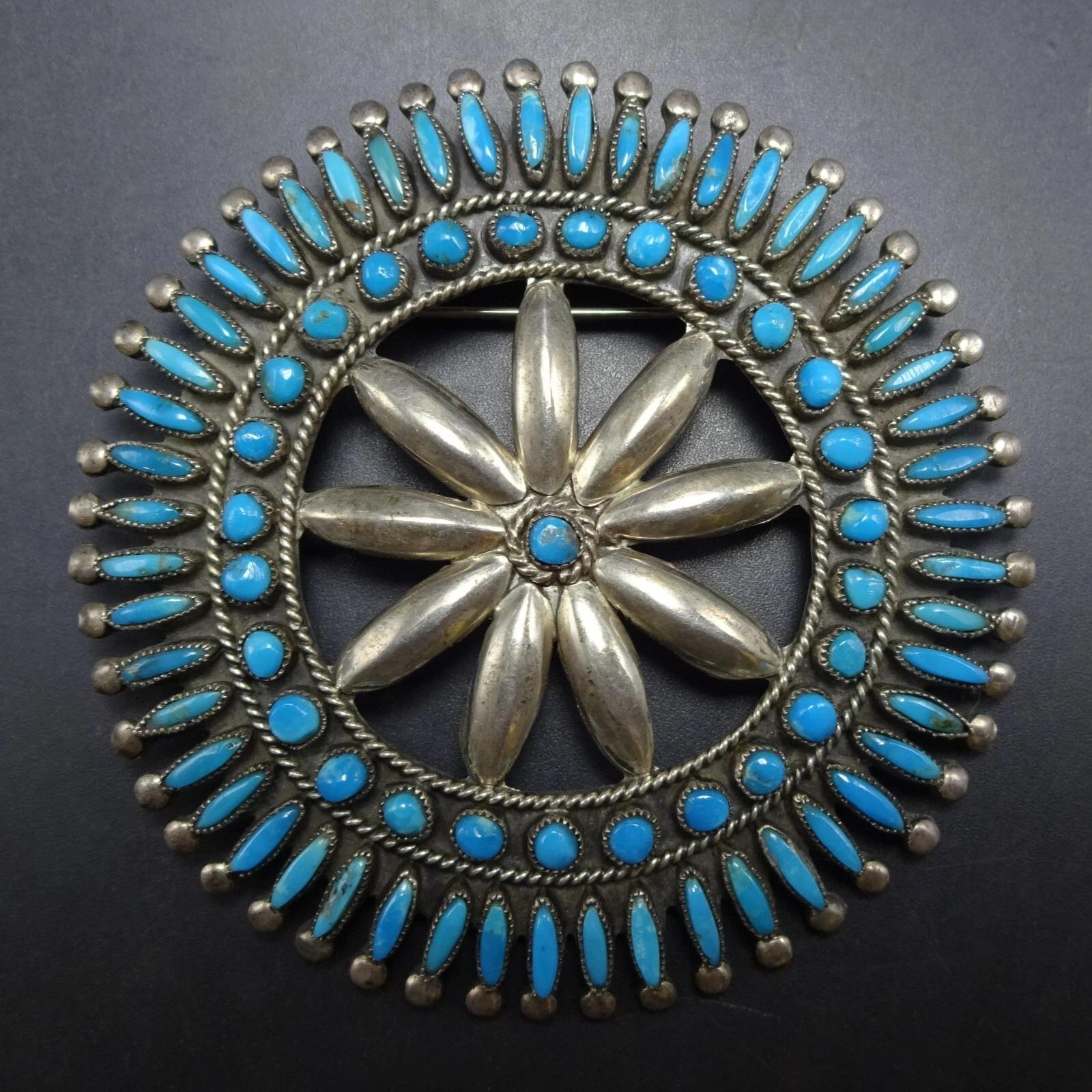 Vintage Navajo S.M. BAHE Sterling Silver TURQUOISE NEEDLEPOINT