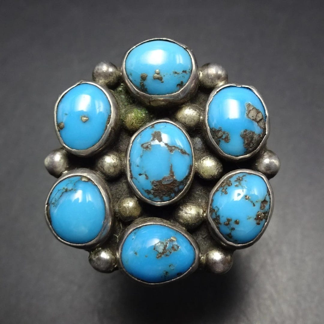 Signed Vintage NAVAJO Sterling Silver TURQUOISE CLUSTER Ring Size 8.5 ...