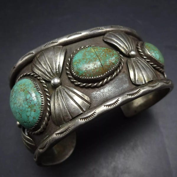 Signed Vintage NAVAJO Sterling Silver TURQUOISE Cuff BRACELET