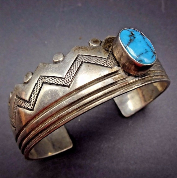 Hvy Vintage Zuni zig Zag Larry Loretto Turquoise Native American Jewelry Silver Bracelet Hvy Vintage Zuni zig Zag Larry Loretto Turquoise Native American Jewelry Silver Bracelet