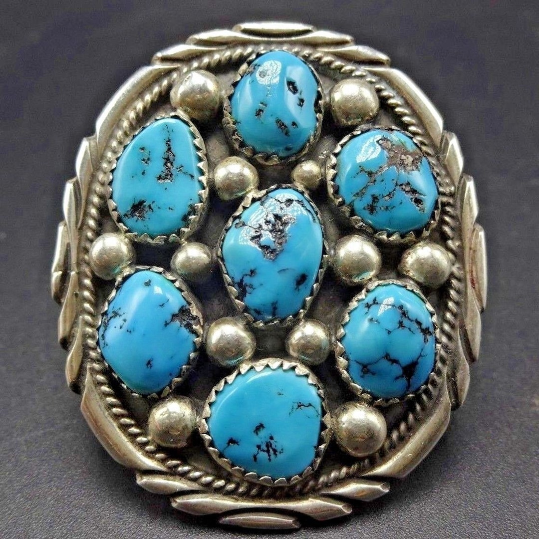 Huge Vintage Sterling Silver and Kingman TURQUOISE Cluster RING, Size 7 ...