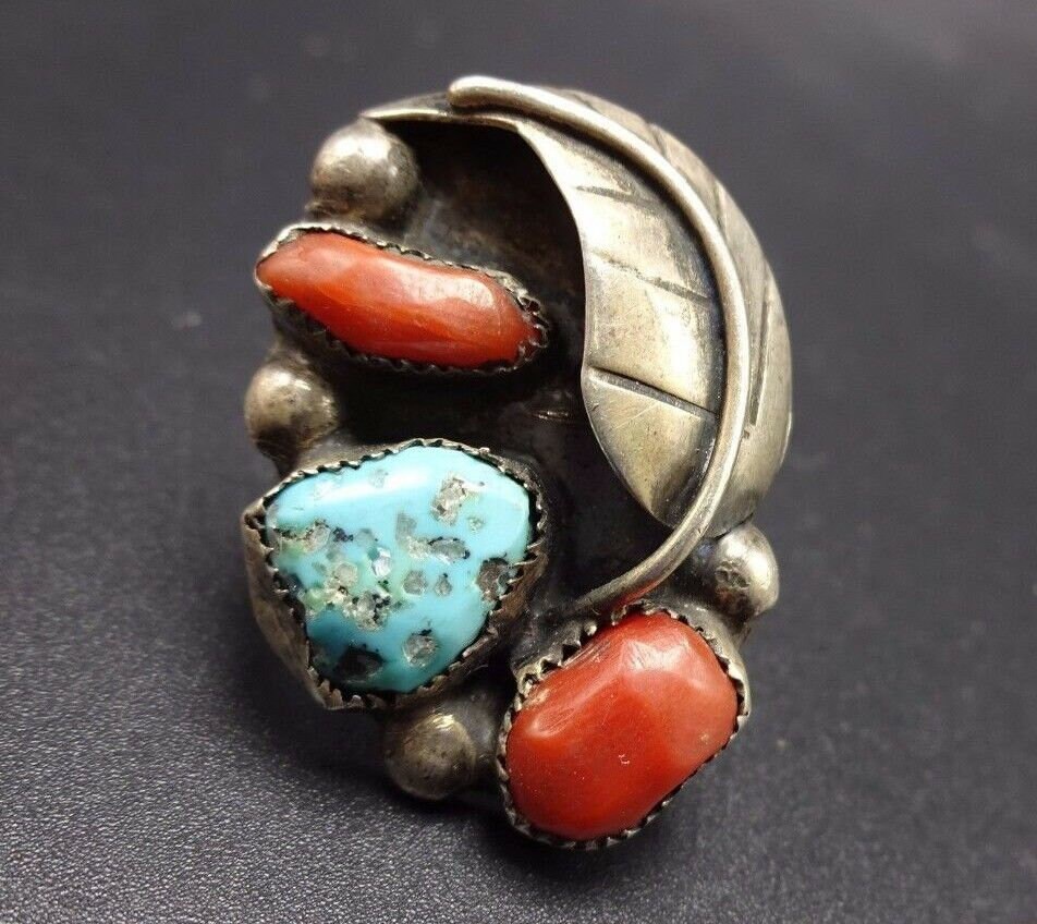 Vintage Sterling Silver CORAL & TURQUOISE Ring, Size 6 - Etsy