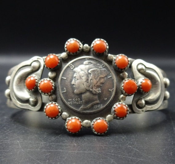 Exceptional Native American Taos Signed 4 Mercury Dimes Sterling Silver Bracelet Exceptional Native American Taos Signed 4 Mercury Dimes Sterling Silver Bracelet