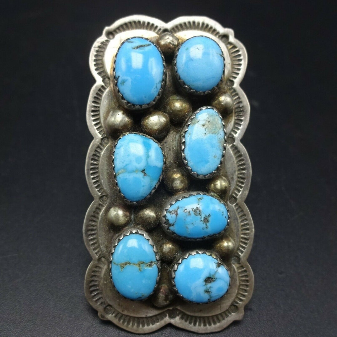 NAVAJO Hand-stamped Sterling Silver KINGMAN TURQUOISE Cluster Ring Size ...