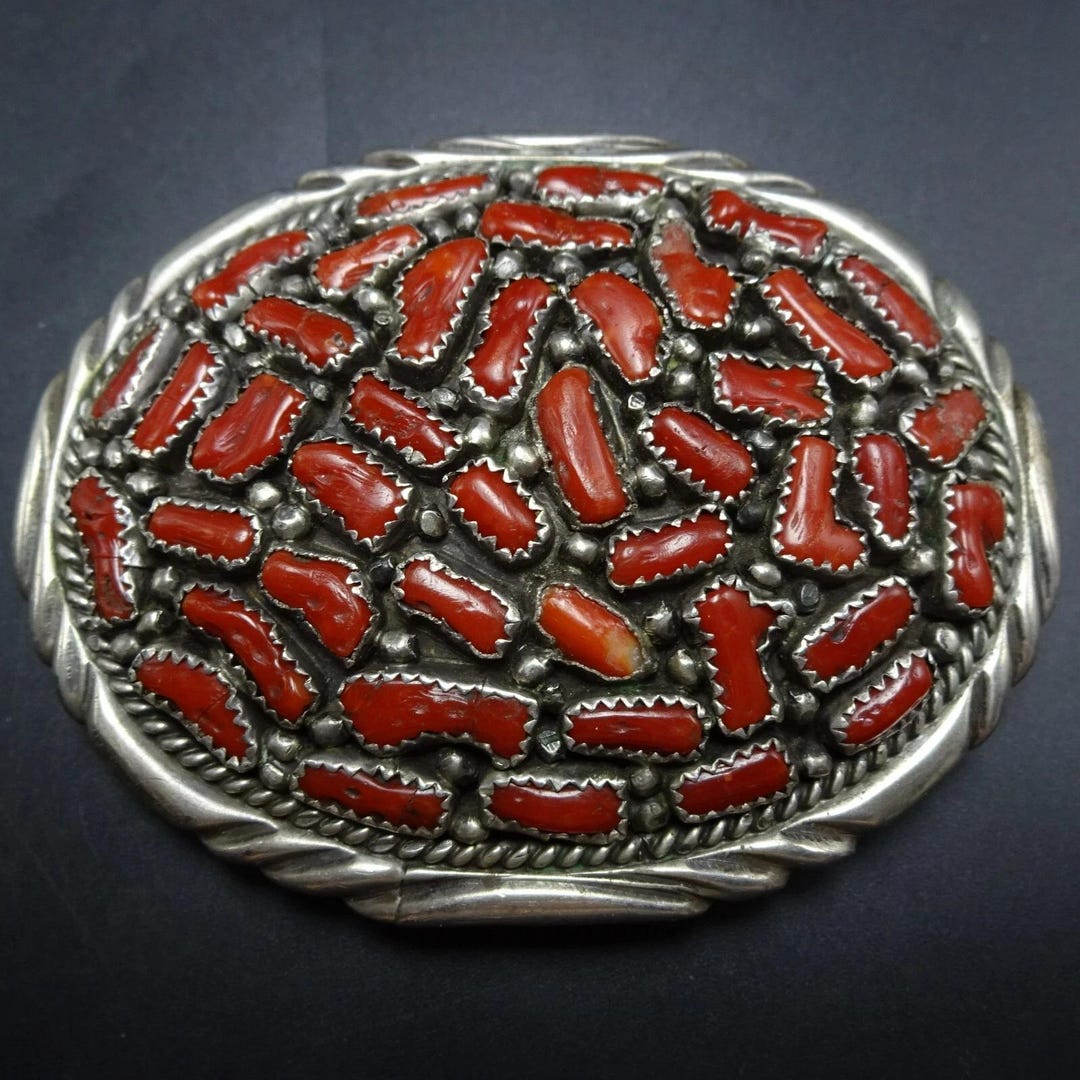 Vintage silver and Coral  Corded medallion belt OSFM vintage-navajo-coral-sterling-  main image 2