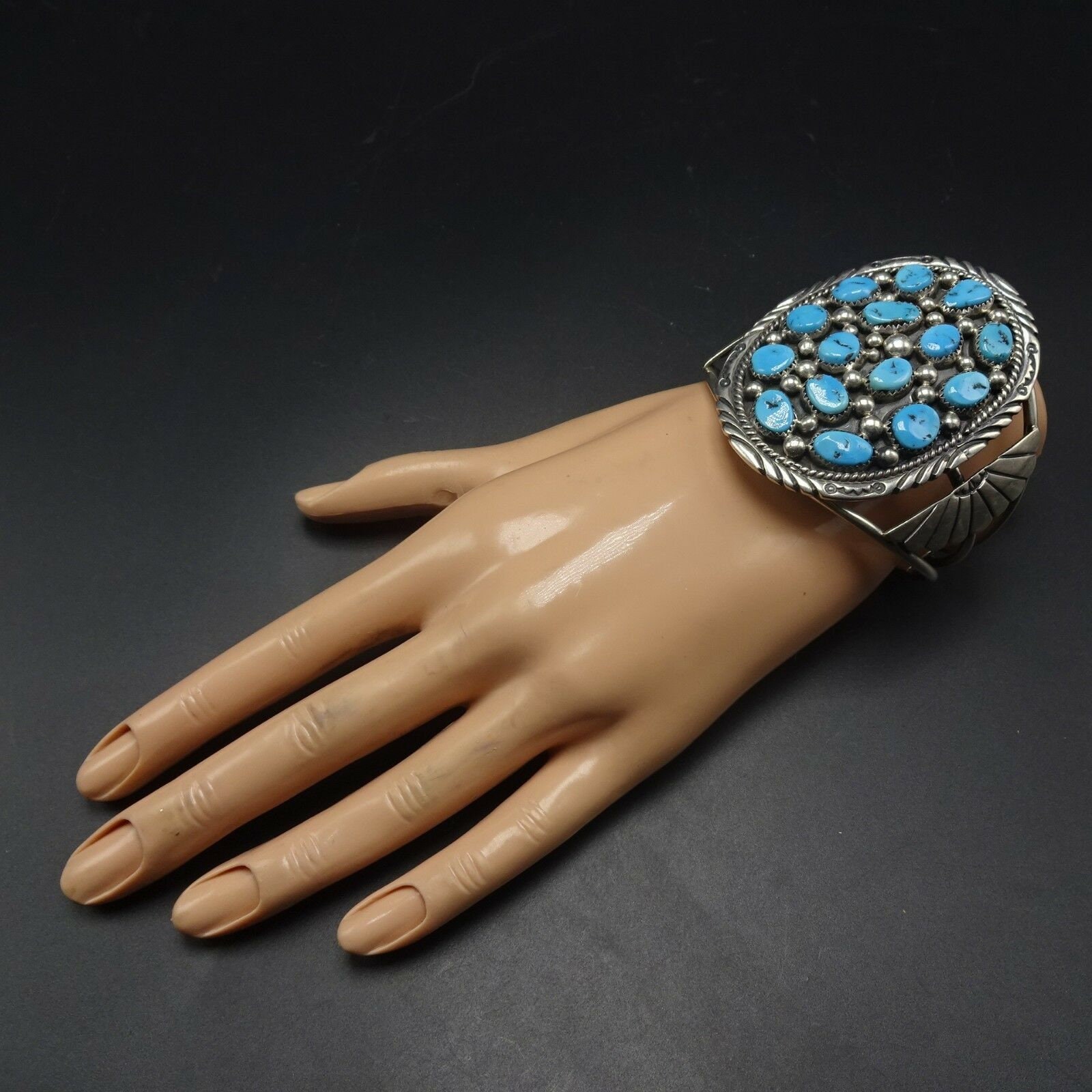 STATEMENT Vintage Navajo Sterling Silver KINGMAN TURQUOISE Cluster Cuff ...