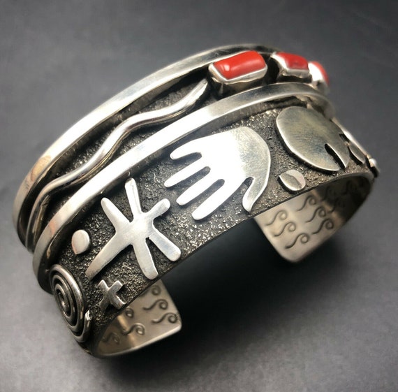 Ancient Petroglyphs Vintage Native American Navajo Coral Sterling Silver Bracelet Ancient Petroglyphs Vintage Native American Navajo Coral Sterling Silver Bracelet