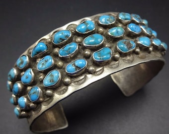 Vintage Heavy Gauge INGOT Silver & TURQUOISE Cluster Cuff Bracelet 60.2g