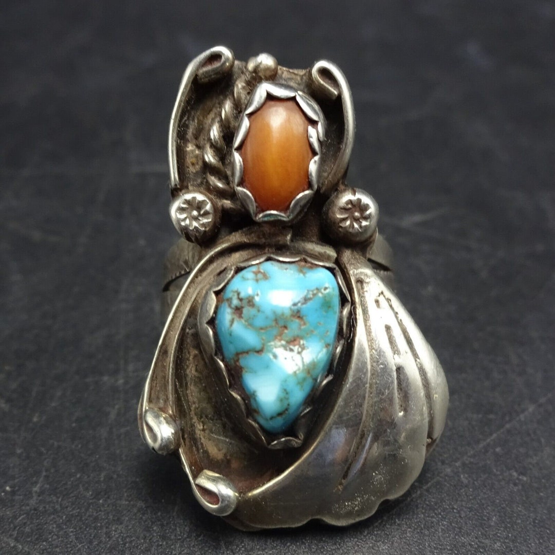 Signed Vintage NAVAJO Sterling Silver BLUE TURQUOISE and Red Coral Ring ...